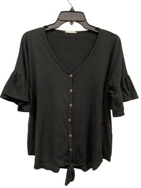 Reb In J Blouse Small Button Front Top Ruffled Sleeve Knot Front Black Feminine